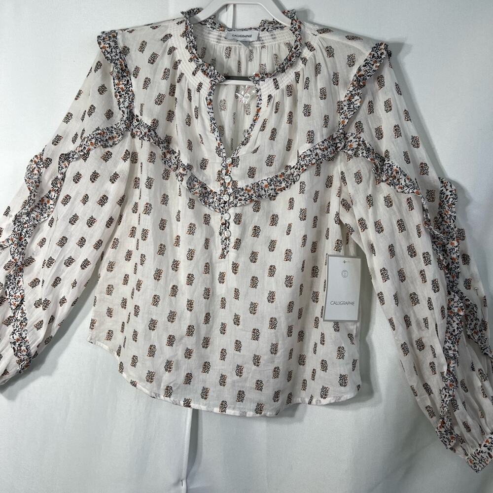 Calligraphie White V-Neck Long Sleeves Ruffle Floral Blouse Size Medium